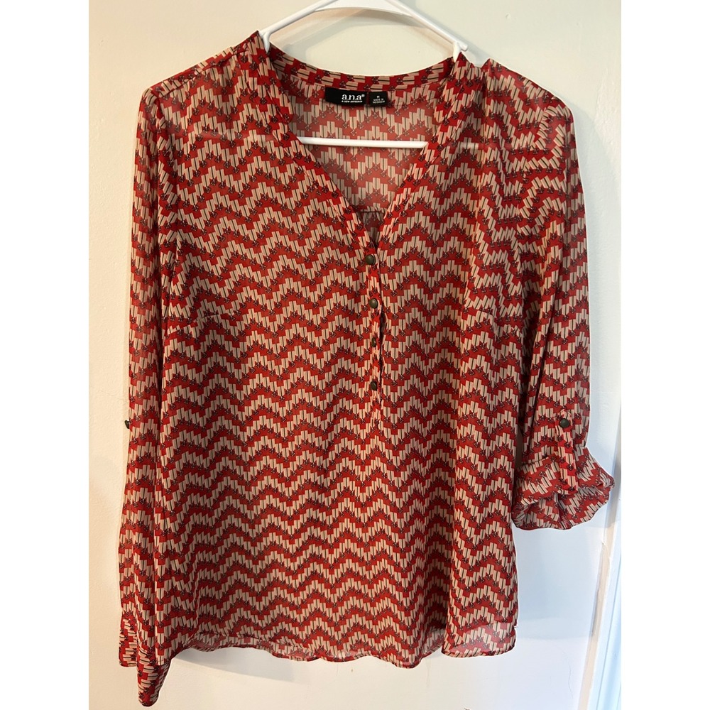 a.n.a Womens Red Geometric Chevron Roll Tab‎ Sleeve Chiffon Blouse Size M